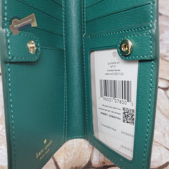 #bagsavenue fast ship  Kate Spade Monstera Leaves Slim Bifold Wallet Cream multi - Picture 3 of 7